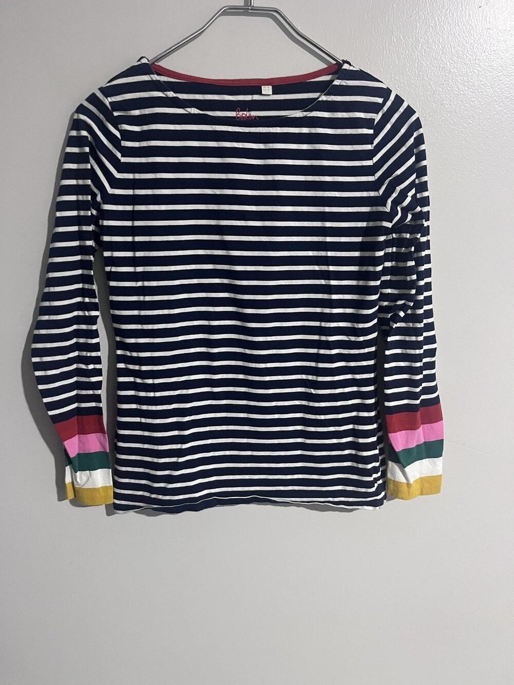 Boden T-Shirt Womens 4 Blue Striped Boat Neck Jersey Embroidered Casual